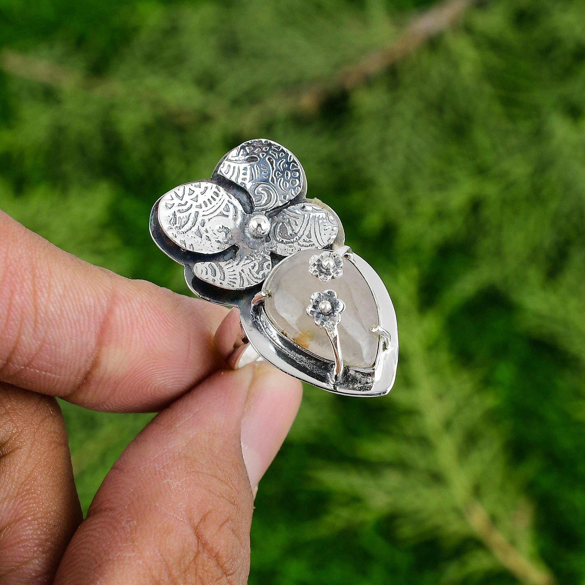 925 Silver Pear Rose Quartz Stone Handcrafted Birthday Flower Heart Chakra Ring