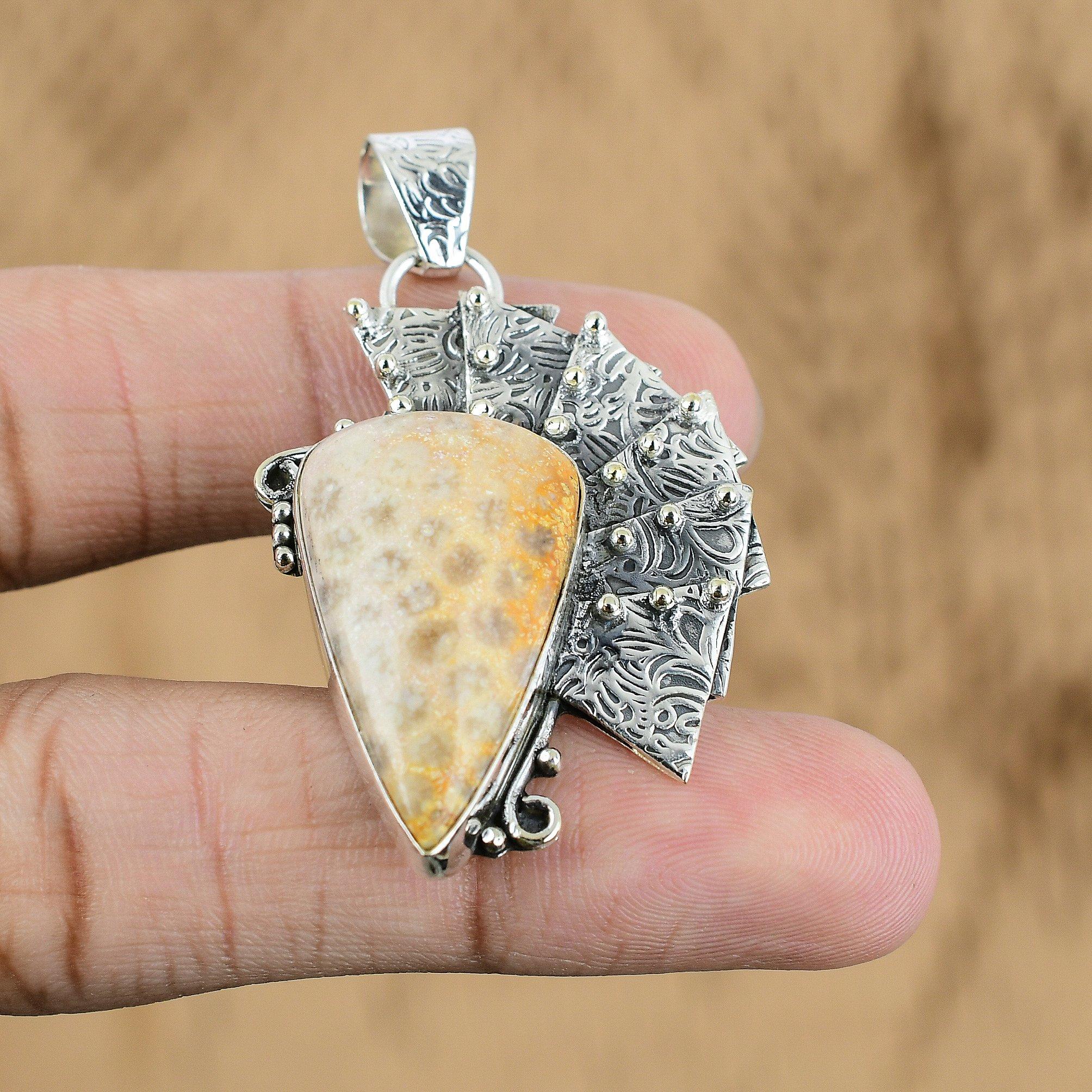 Birthday Gift For Her Natural Fossil Coral Gemstone Pendant 925 Sterling Silver