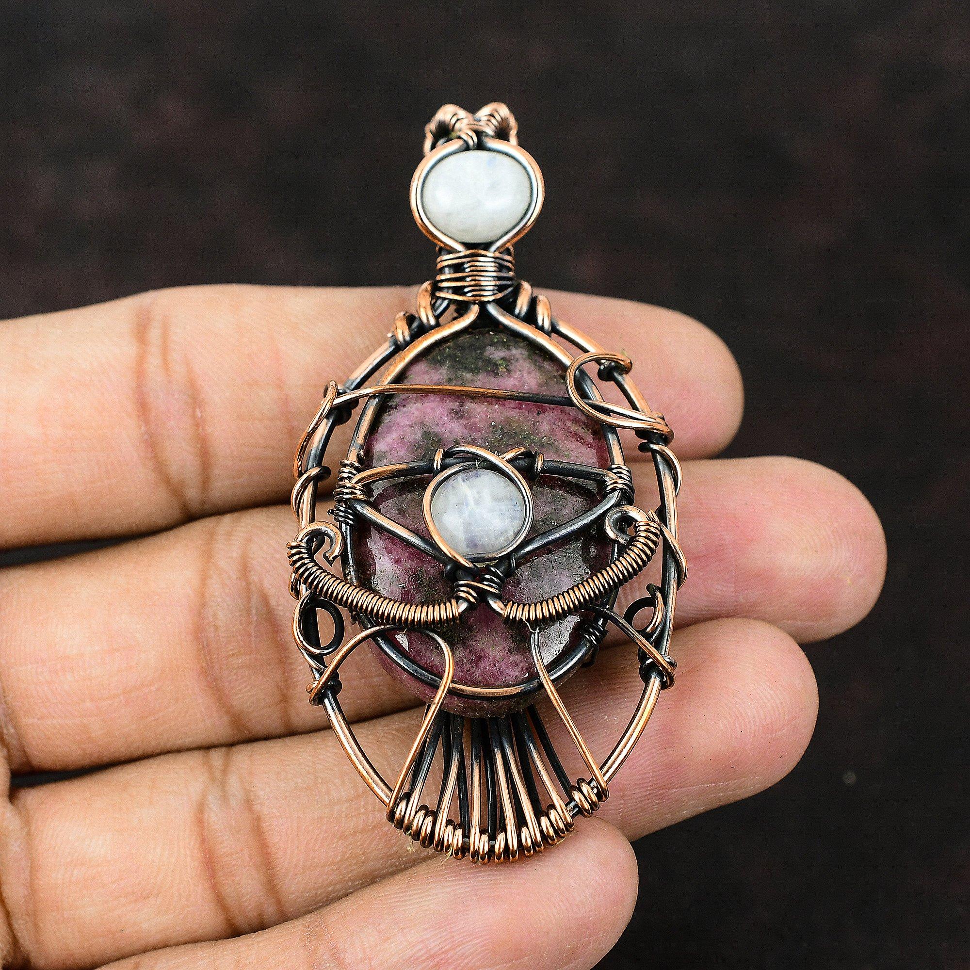 Evil Eye Rhodonite Copper Wire Wrapped Pendant Moonstone Copper Jewelry Handmade Pendant Evil Eye Jewelry Rhodonite Pendant Gift For Friend