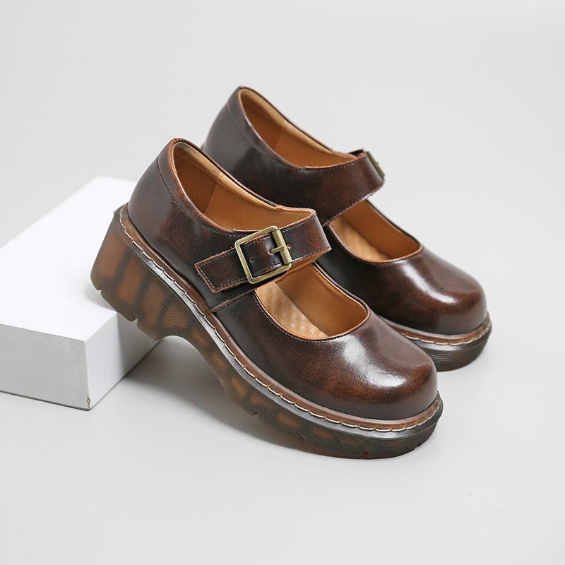 2024 Japanese Style Vintage Buckle Mary Janes Shoes Women'S Shallow Mouth Casual Student Leather Shoes Thick Bottom