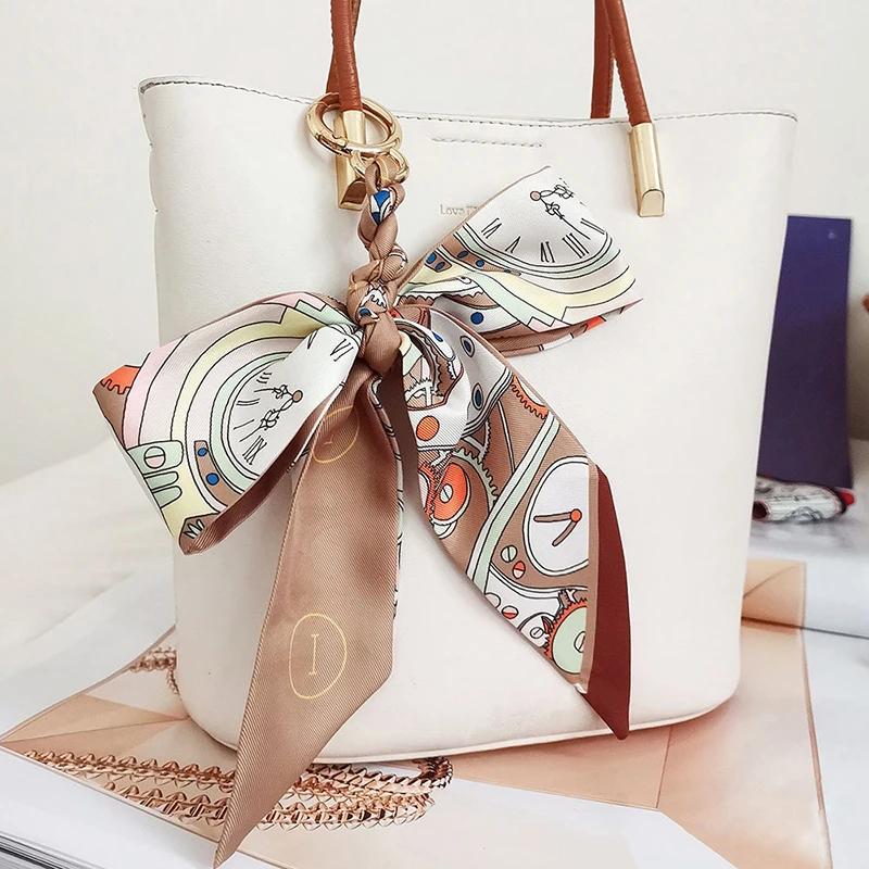 Weave Silk Scarf Keychains for Women Satin Ribbon Bowknot Bag Pendant Keyring Car Key Holder Keyring Accessory