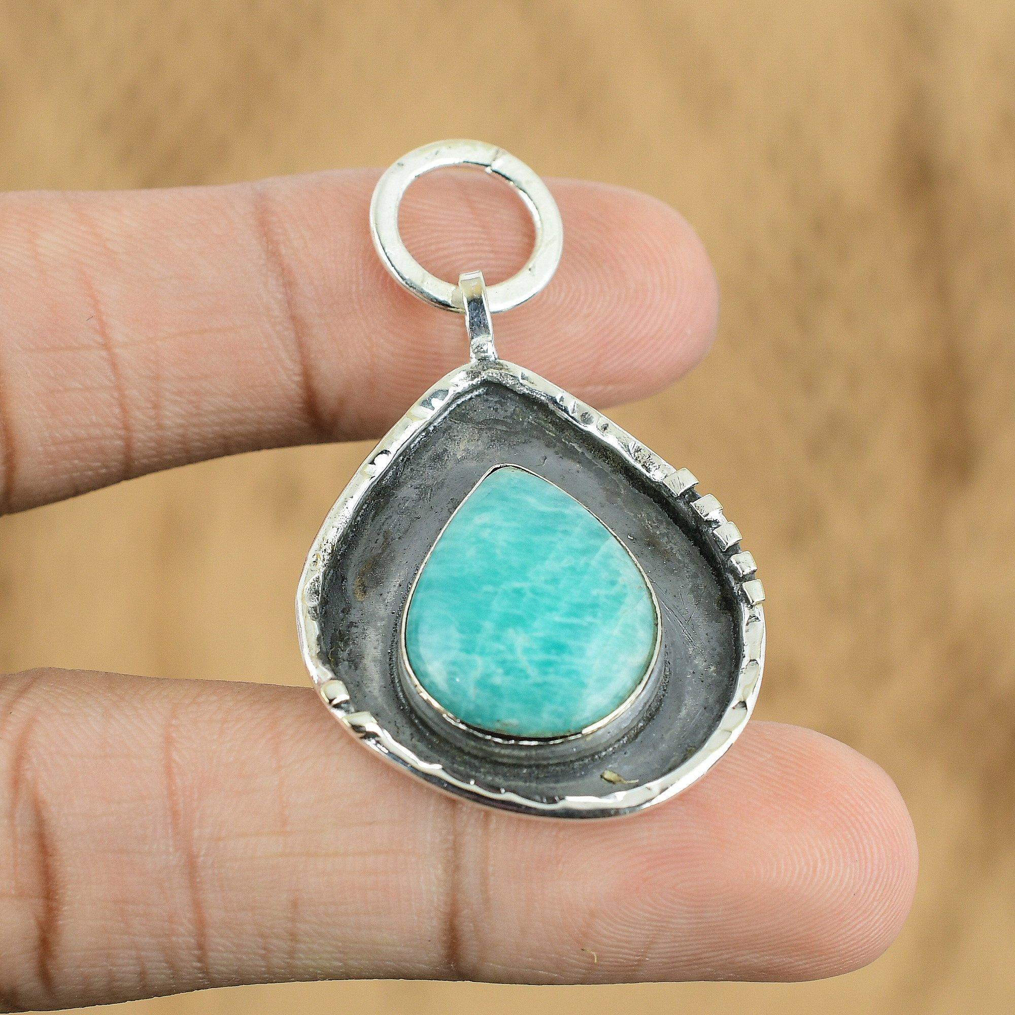 Anniversary Gift For Her Natural Amazonite Gemstone Pendant 925 Sterling Silver