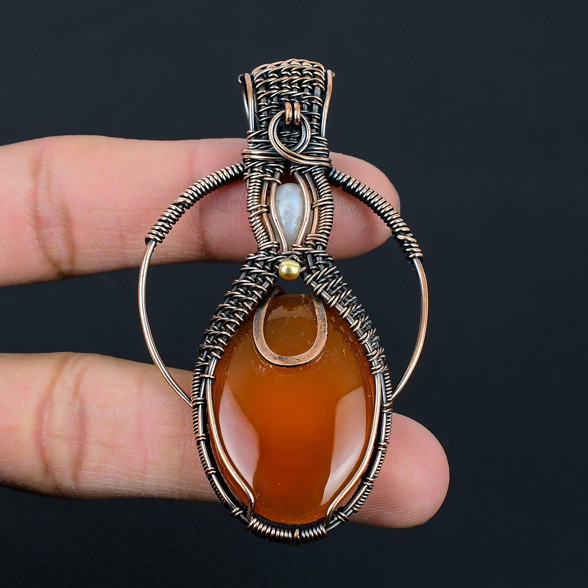 Red Carnelian & Moonstone Gemstone Handmade Copper Wire Wrap Jewelry Pendant For Love