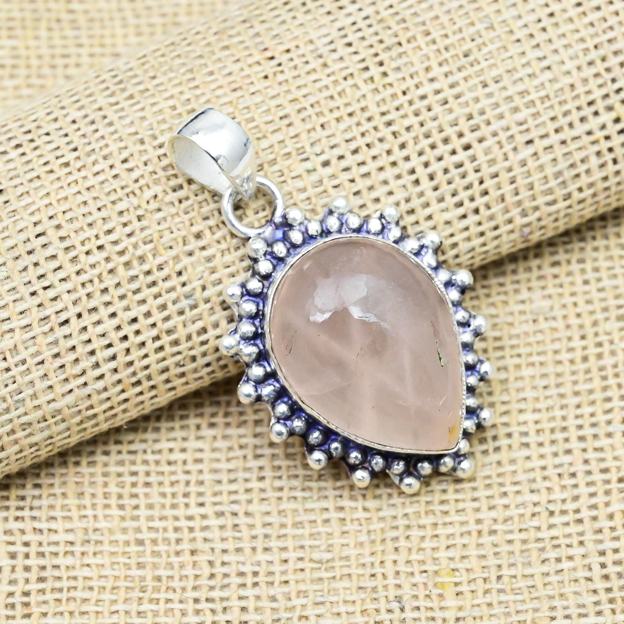 Rose Quartz Gemstone Handmade 925 Sterling Silver Jewelry Designer Pendant Gift for Sister