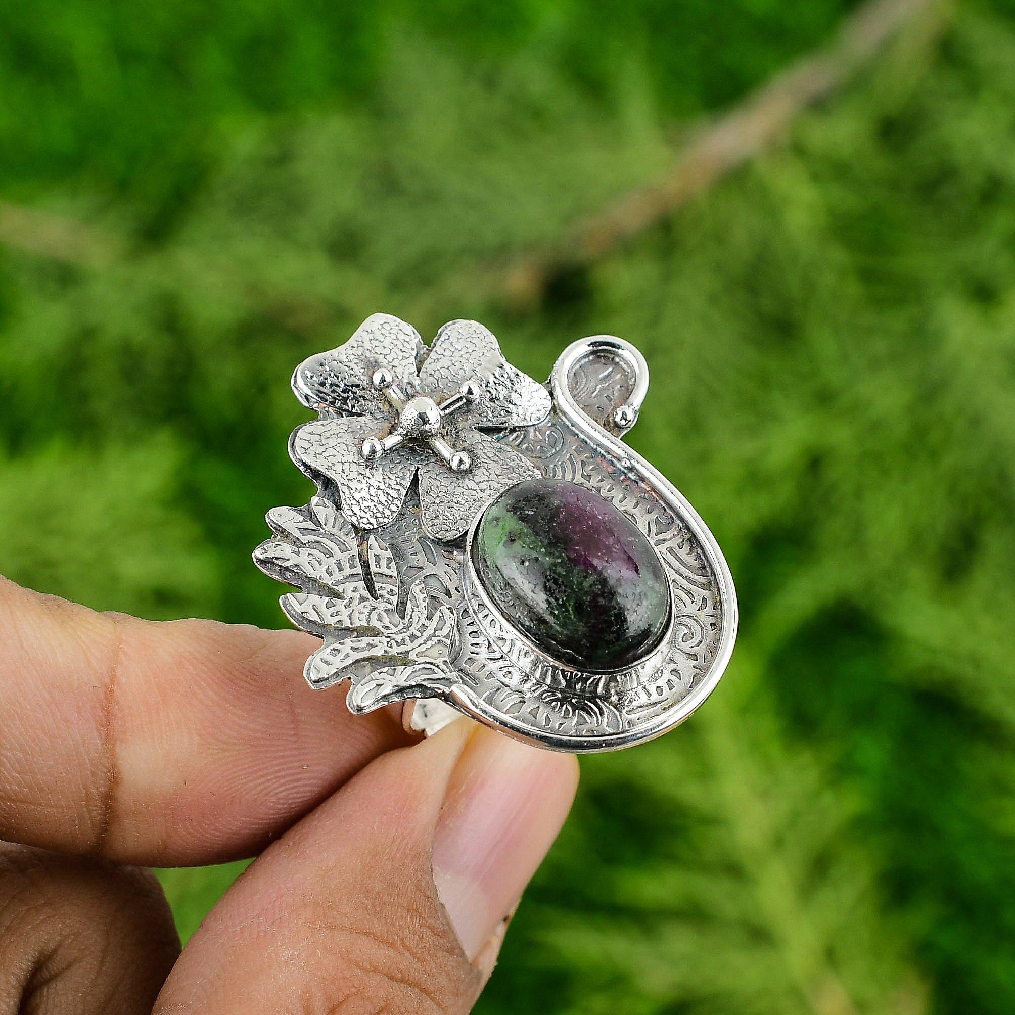 Ruby Zoisite Stone New Stackable Flower Handcrafted Ring Jewelry Sterling Silver