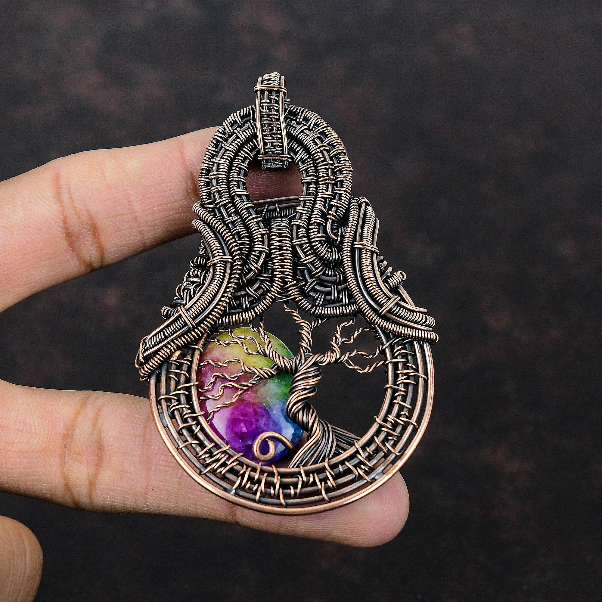 Tree Of Life Rainbow Solar Quartz Druzy Pendant Copper Wire Wrapped Jewelry Real Gemstone Handmade Pendant Copper Wire Pendant Gift For Wife