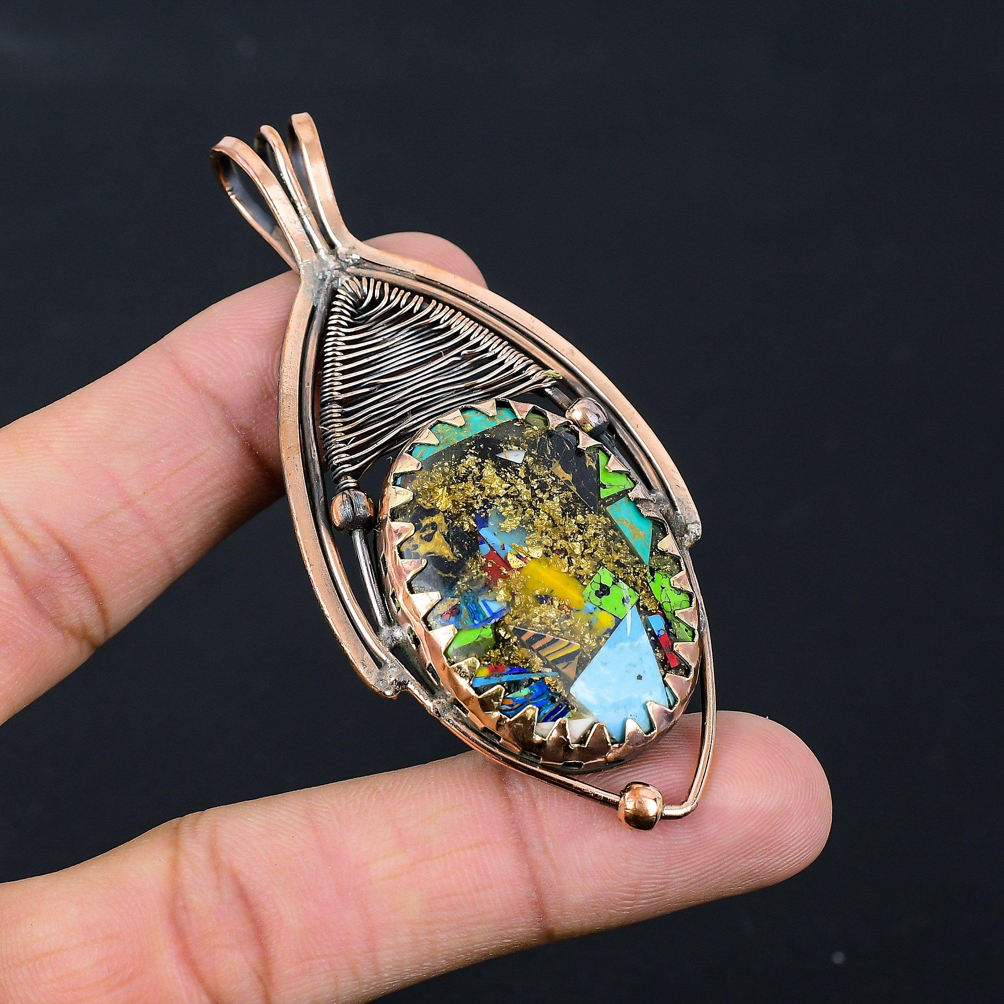 Fiesta Kingman Gemstone Pure Copper Wire Wrapped Handmade Pendant Jewelry For Her
