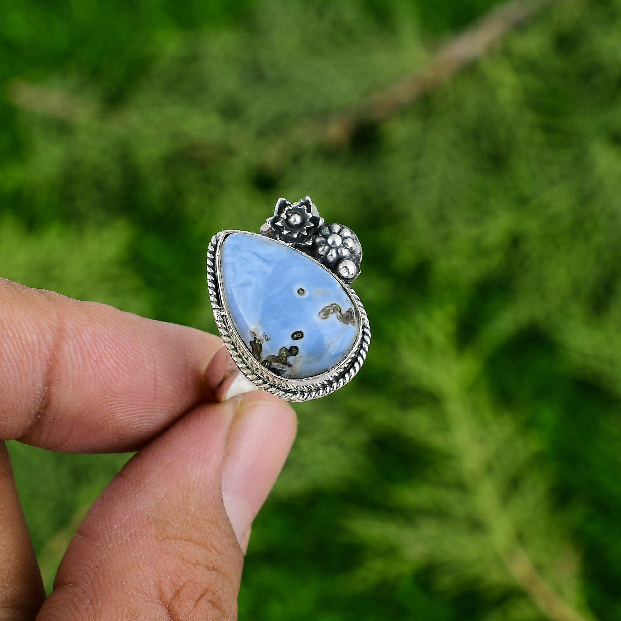 Stackable Flower Adjustable Ring 925 Silver Natural Owyhee Blue Opal