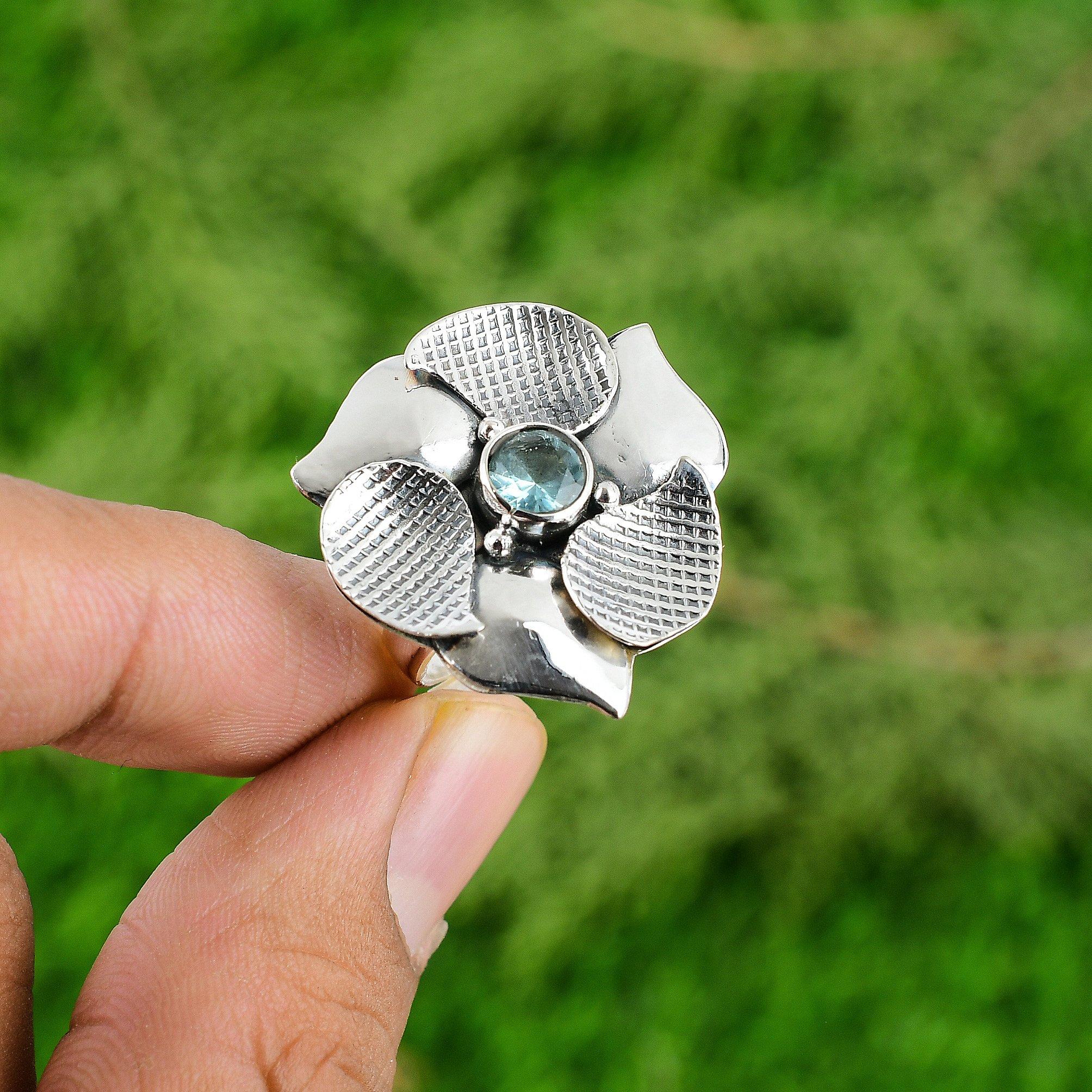 Natural Swiss Blue Topaz Statement Flower Adjustable Ring 925 Silver For Girls