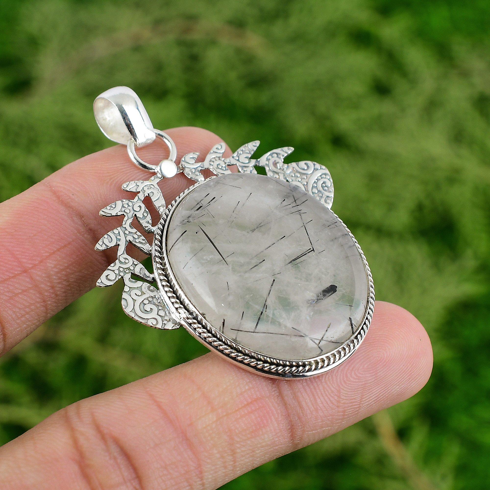Daughters Day Deal Black Rutilated Quartz Stone Boho Pendant 925 Sterling Silver