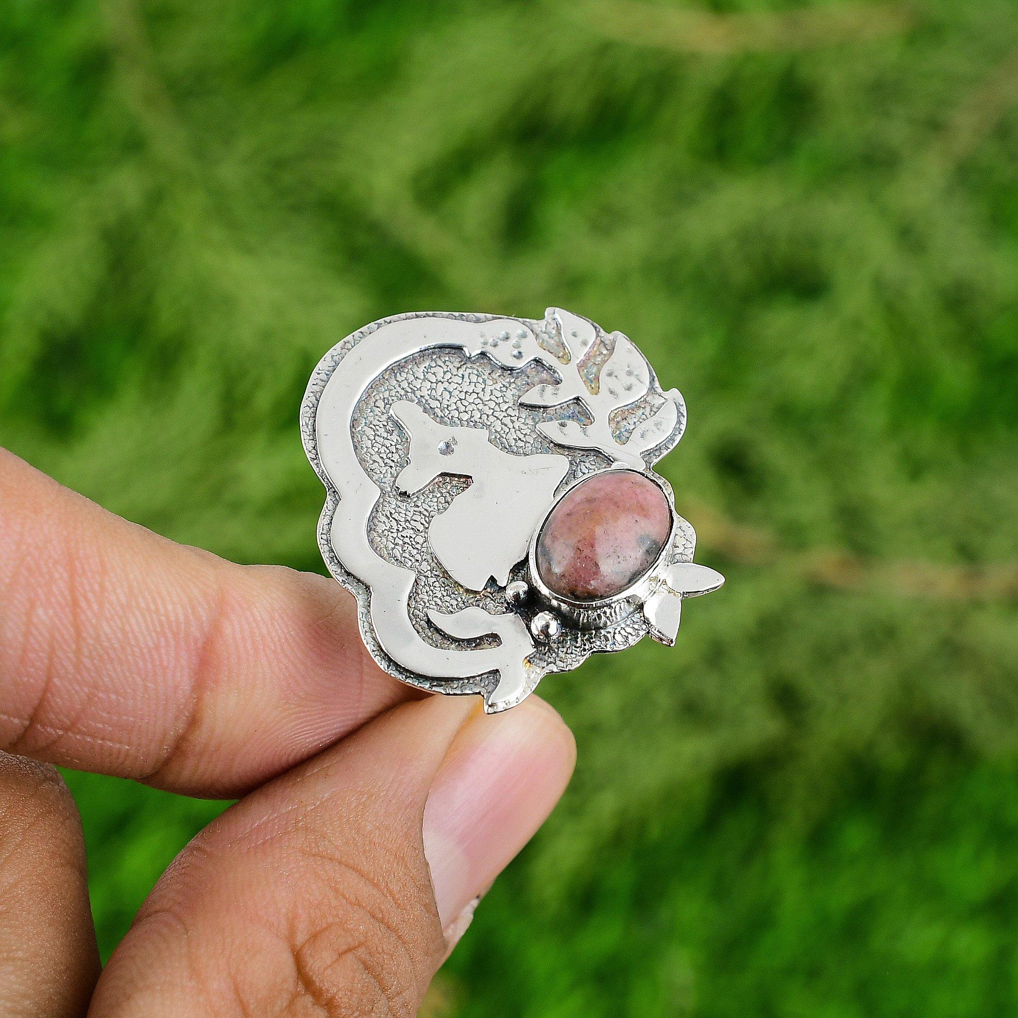 Rhodonite Gemstone 925 Sterling Silver Mother Stackable Statement Ring Jewelry