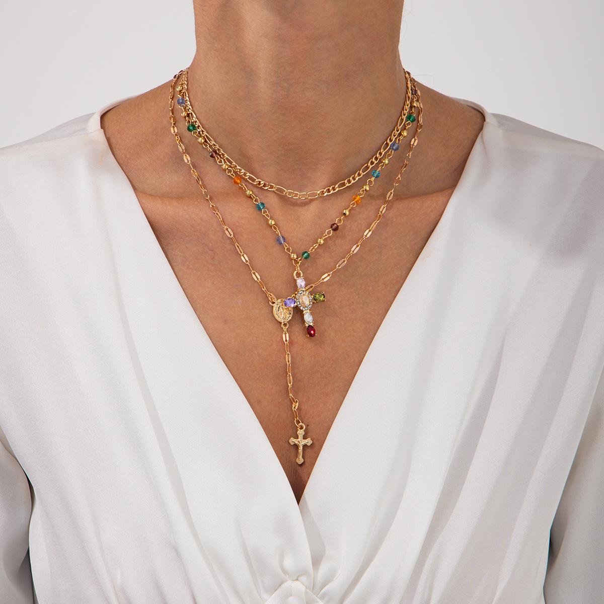 3Pcs/Set Colorful Crystal Cross Pendant Necklace for Men Hip Hop Adjustable Choker Collar Chain Christian Jewelry Accessories