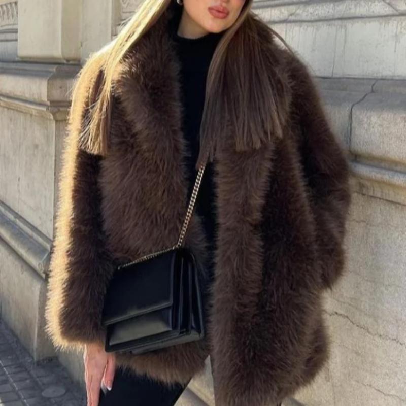 Luxus Einfarbig Frauen Faux Pelz Jacke Revers Langarm Warme Flauschige Mäntel 2025 Herbst Winter Weibliche Streetwear Outwear