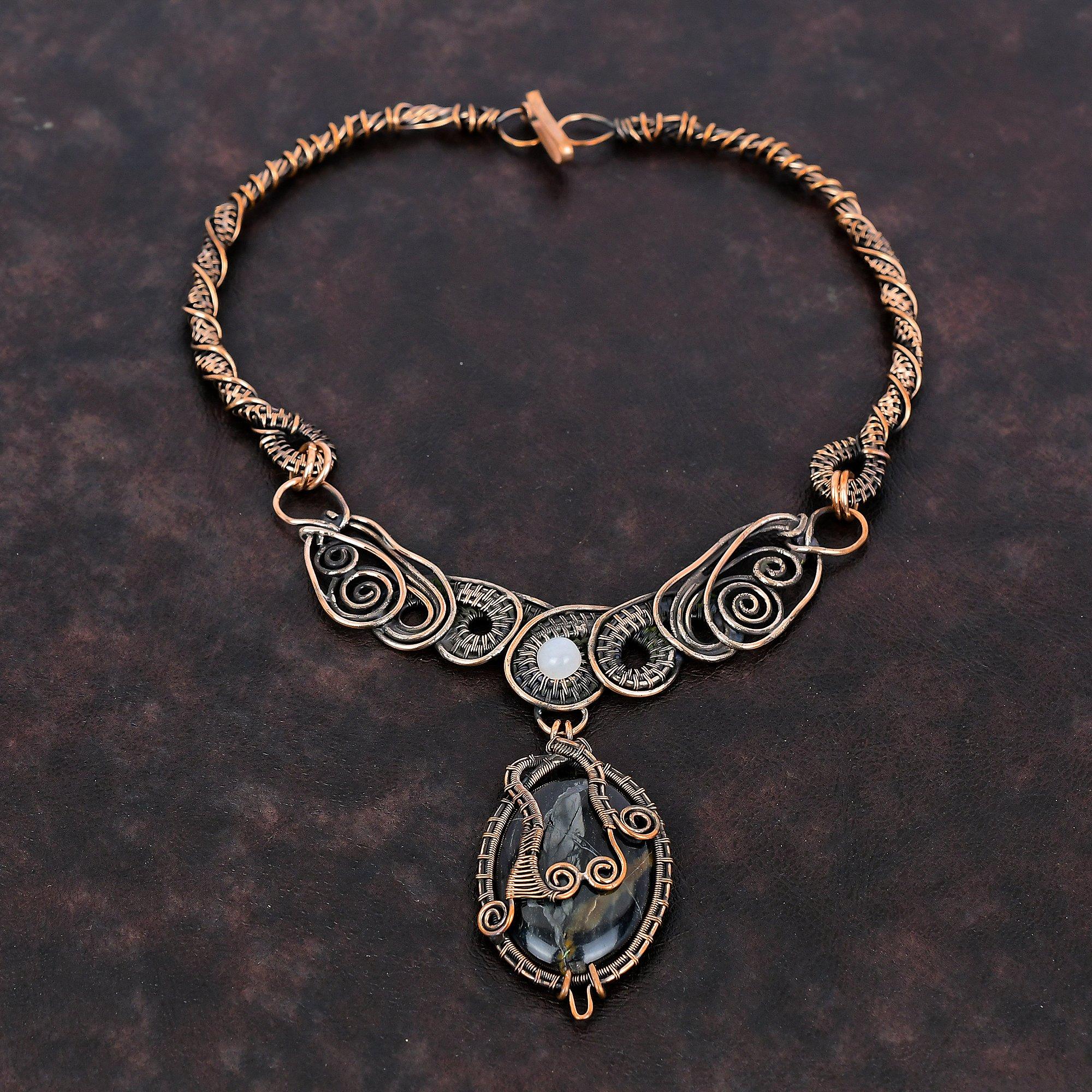 Picasso Jasper Necklace Copper Wire Wrapped Necklace Rainbow Moonstone Necklace Copper Wire Jewelry Handmade Gemstone Necklace Gift For Her