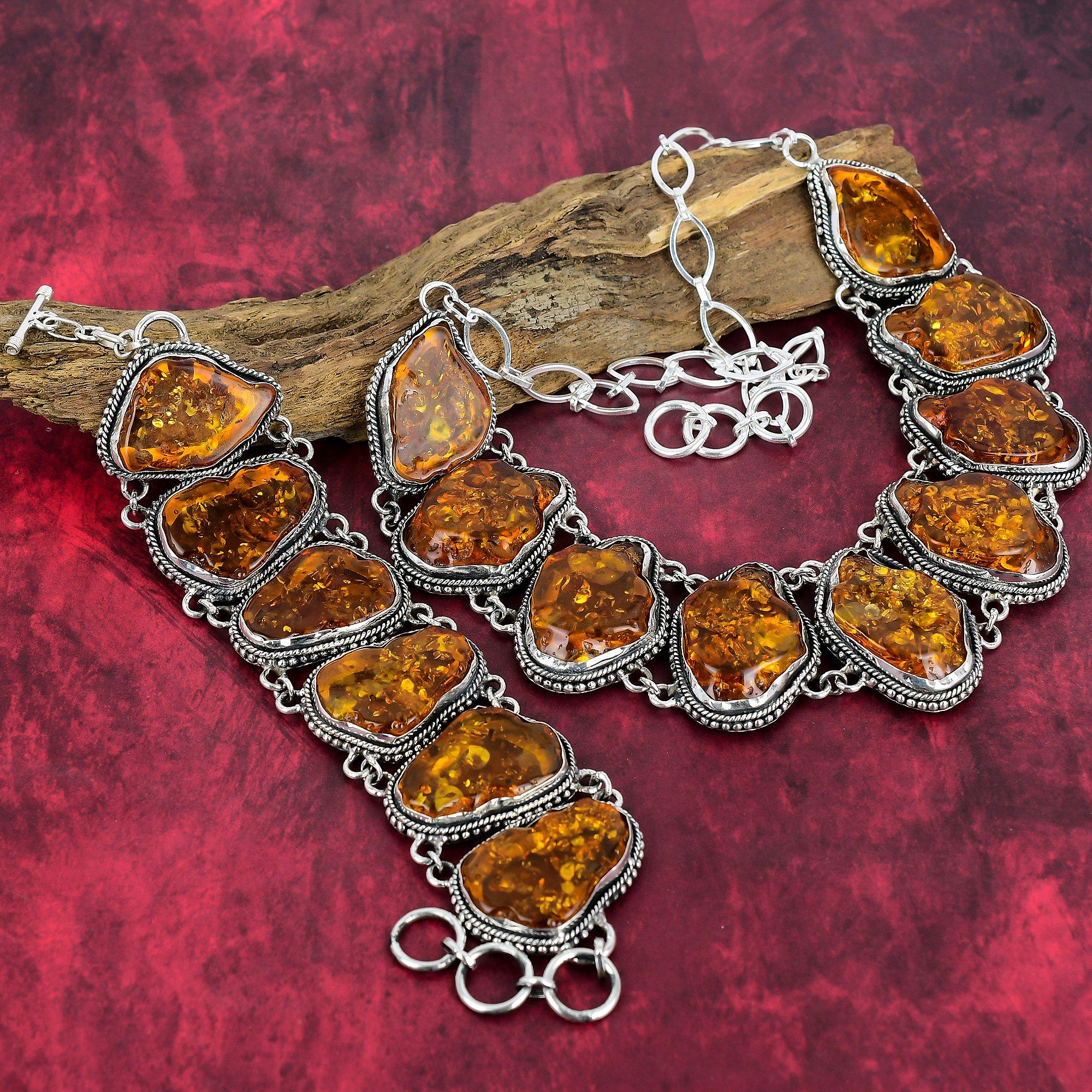 Pietre prețioase din chihlimbar baltic 925 din argint solid 925 set de bijuterii pentru colier și brățară, bijuterii cu lanț reglabil realizat manual pentru femei