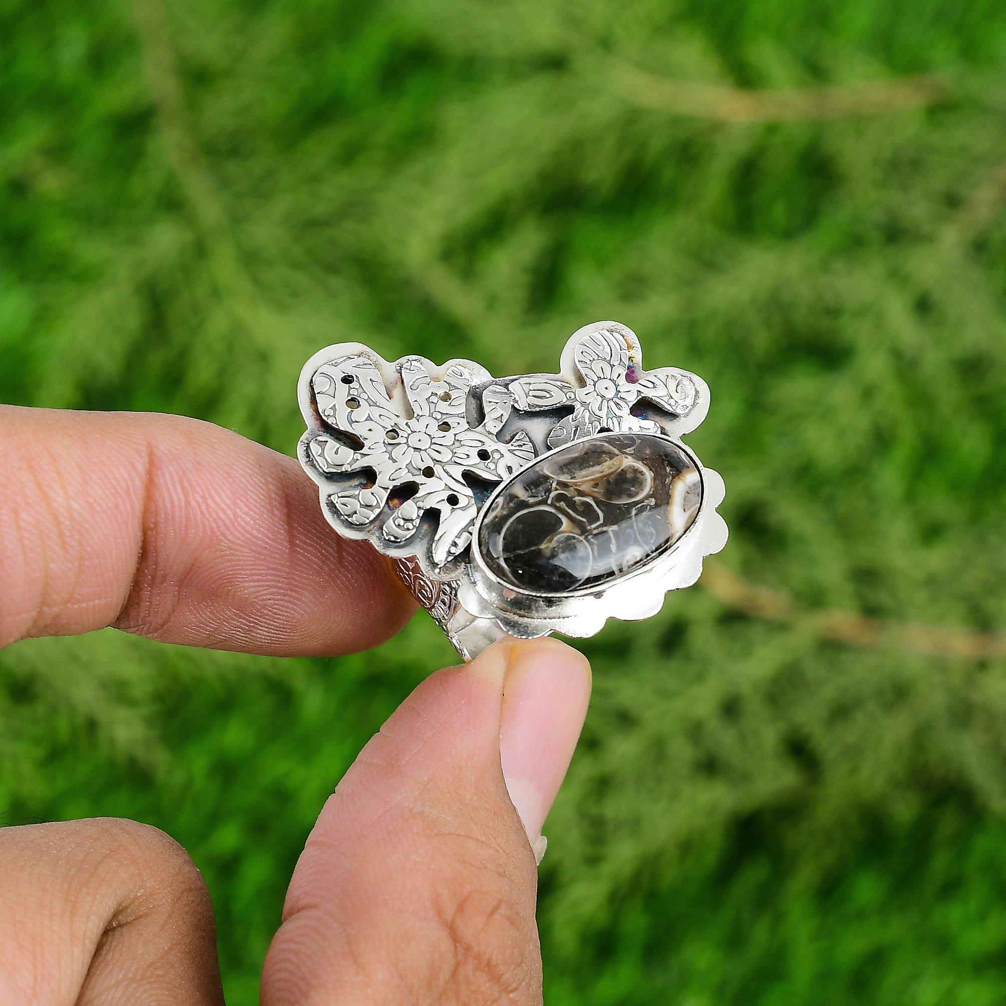 Gift For Her Natural Turritella Agate Statement Adjustable Ring 925 Silver