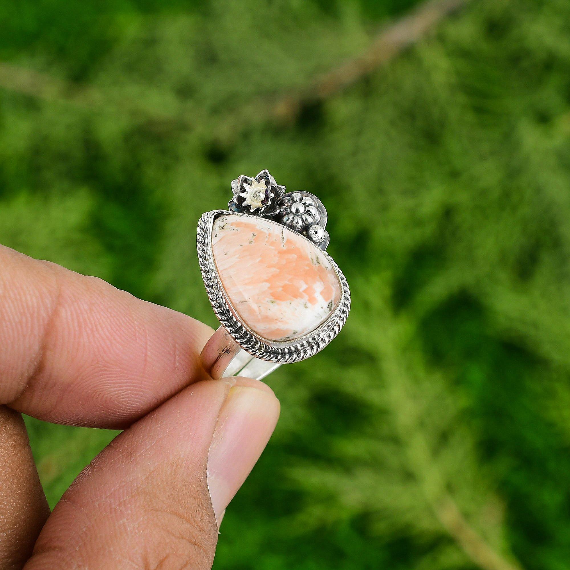 925 Sterling Silver Pear Natural Scolecite Bezel Multi Stone Flower Ring Jewelry