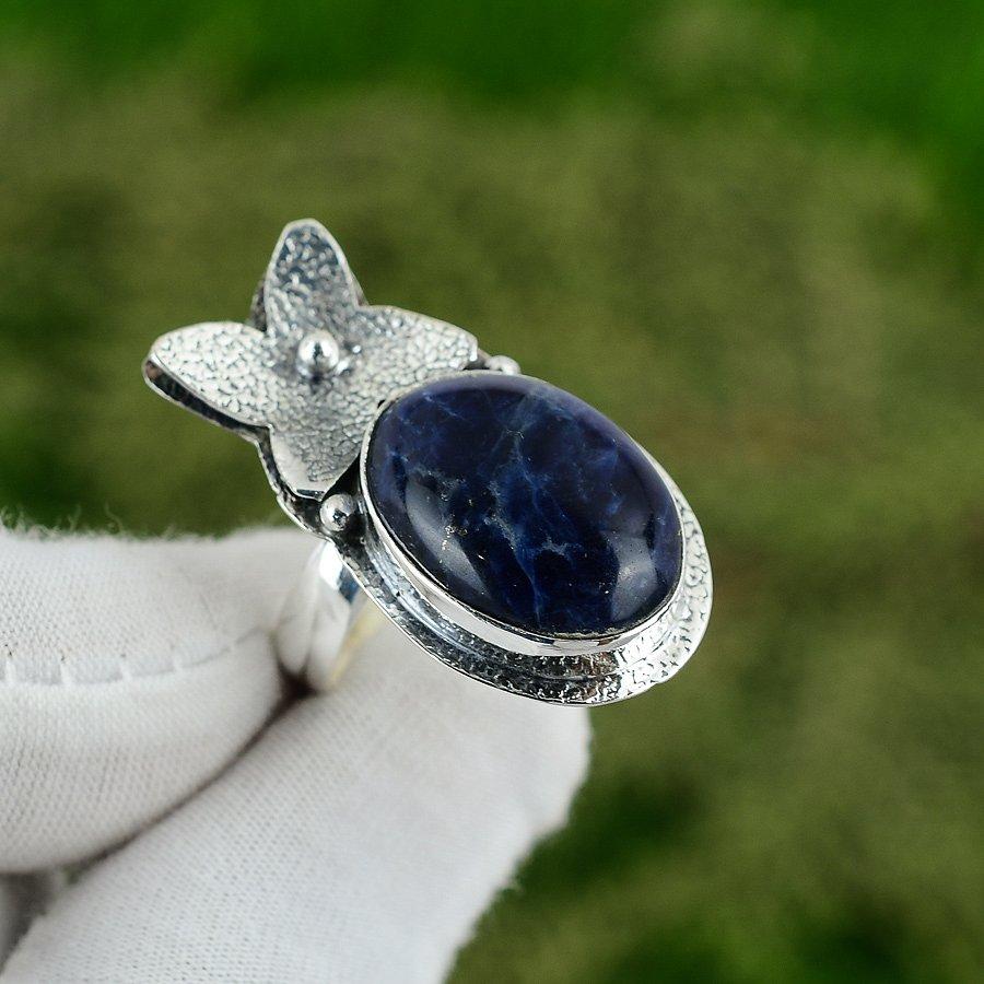 Natürlicher Sodalith Edelstein 925 Silber Statement Verstellbarer Ring Für Damen