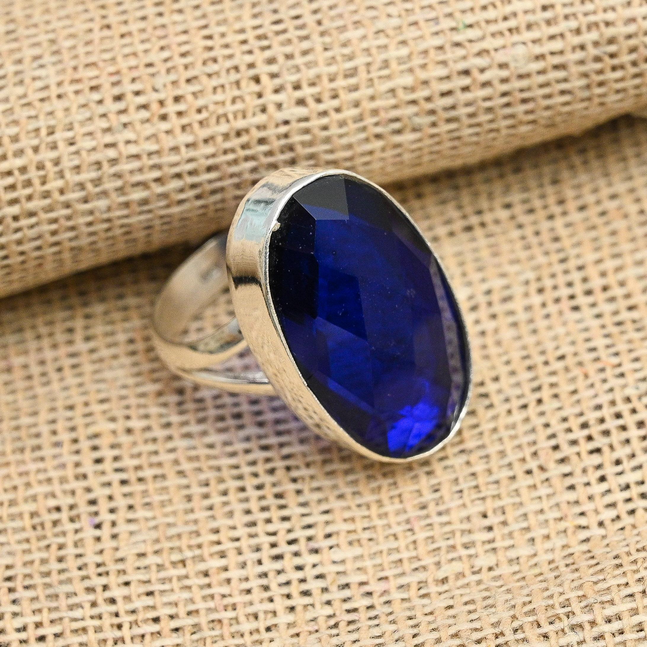 Blue Sapphire Lab-Created Gemstone Handmade 925 Sterling Silver Jewelry Pretty Ring For Her