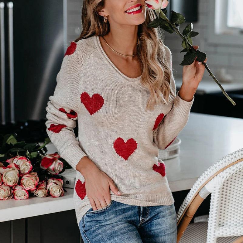 Ladies Autumn Winter Long Sleeve V Neck Pullover Love Heart Loose Knitted Sweater Knitwear Top