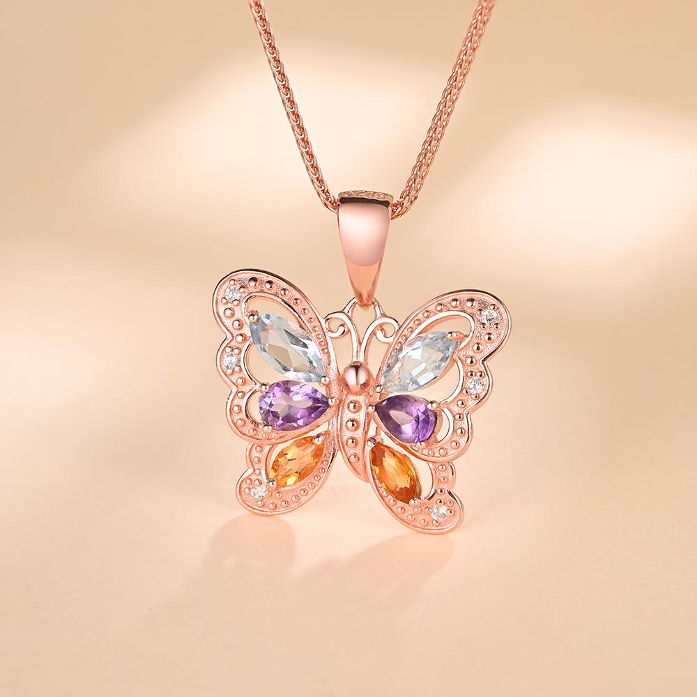 925 Sterling silver butterfly Pendant necklace with natural colorful gemstones topaz citrine amethyst birthstone fine jewelry