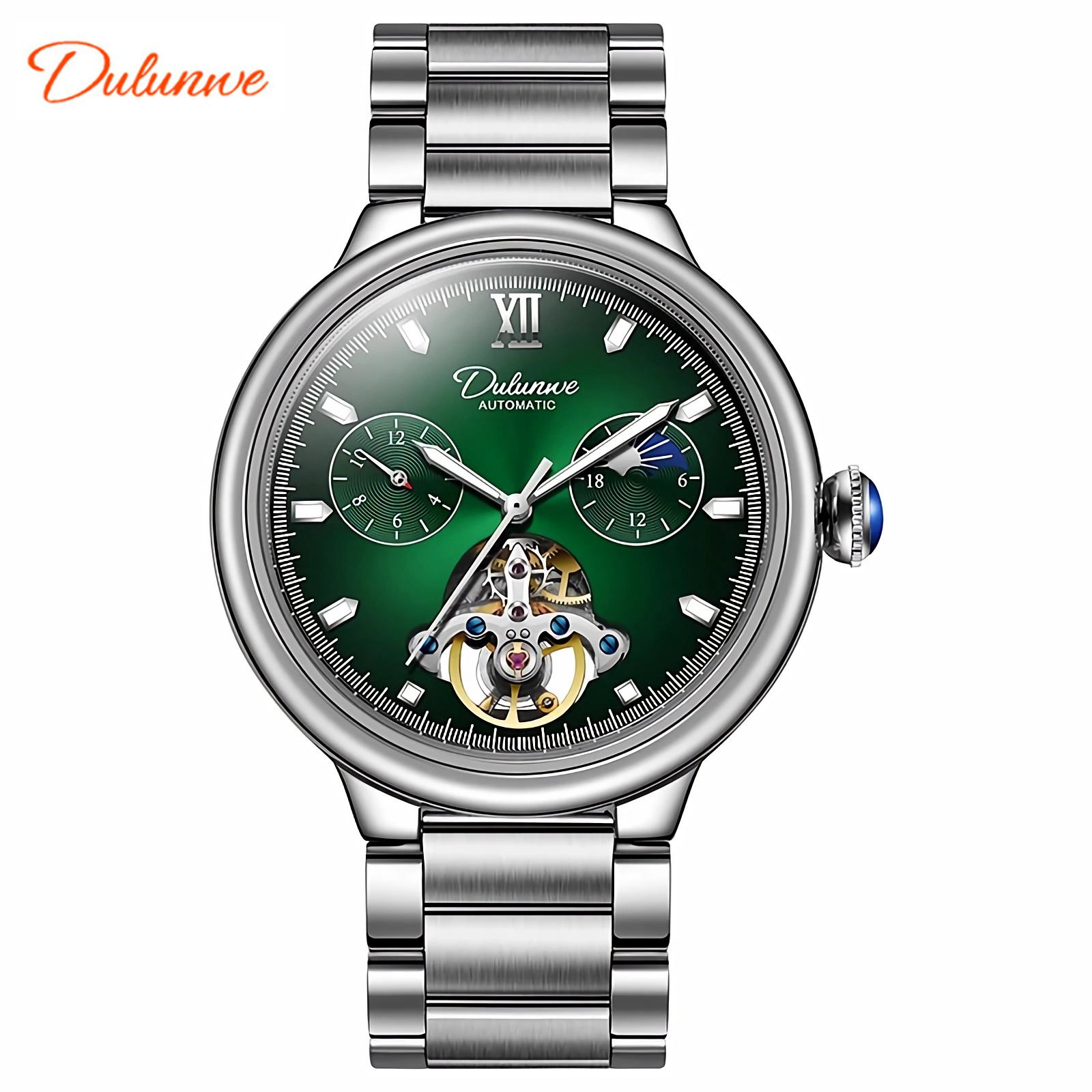 Dulunwe Men's Automatic Mechanical Watches Hollow Skeleton Tourbillon Watch Moon Phase Watch for Men Big Dial Stainless Steel Men Watches