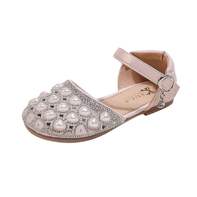 Kids Pearl Flats Sandals Girls Princess Rhinestone Party Sandals Children's Leather Hollow Out Beach Shoes