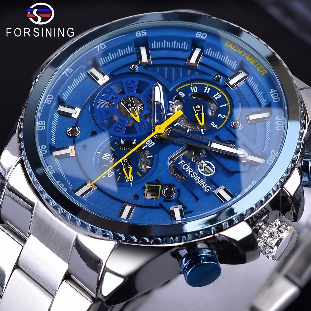 Forsining Three Dial Calendar Stainless Steel Men Mechanical Automatic Wrist Watches Top Brand Luxury Military Sport Male Clock