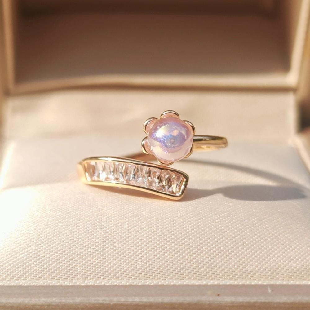 1 Piece Fashion Purple Imitation Pearl Small Flowers Opening Adjustable Rings for Women Cubic Zirconia Ring Jewelry Wedding Party Accessories