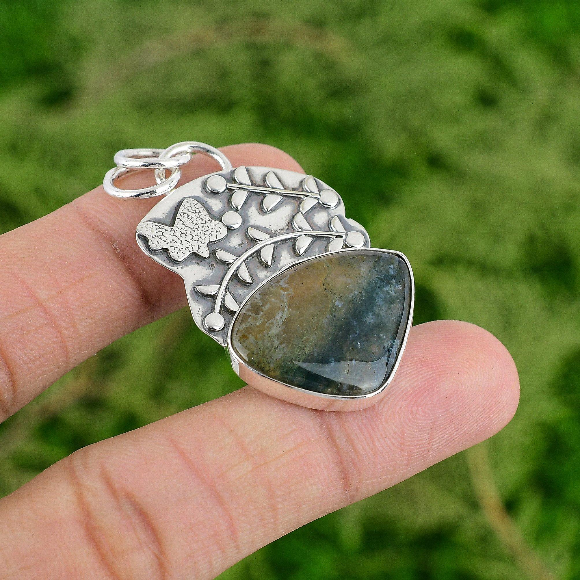 Daughters Day Sale Natural Solar Moss Agate Engagement Bezel Pendant 925 Silver