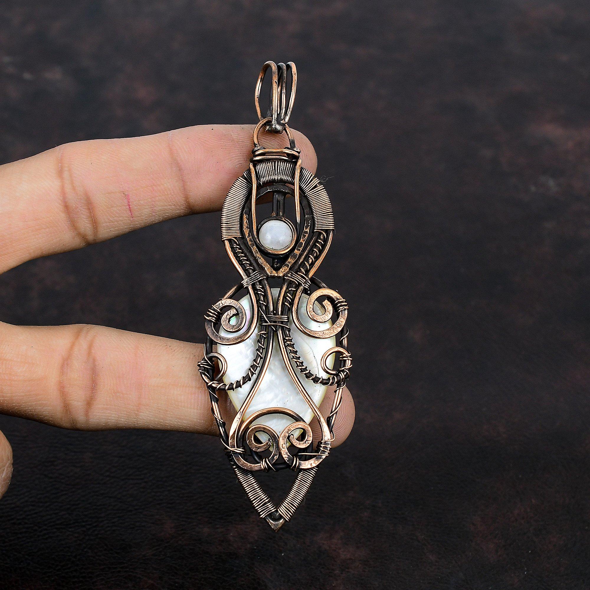 Mother Of Pearl Pendant Copper Wire Wrapped Gemstone Pendant Handmade Copper Wire Jewelry Rainbow Moonstone Pendant Unique Jewelry For Gift