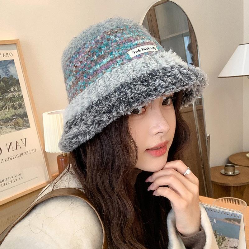 Women Autumn Winter Warm Thicken Ear Protector Hat Cold Velvet Knitted Fisherman Hats Sweet Cute Stripe Bucket Cap