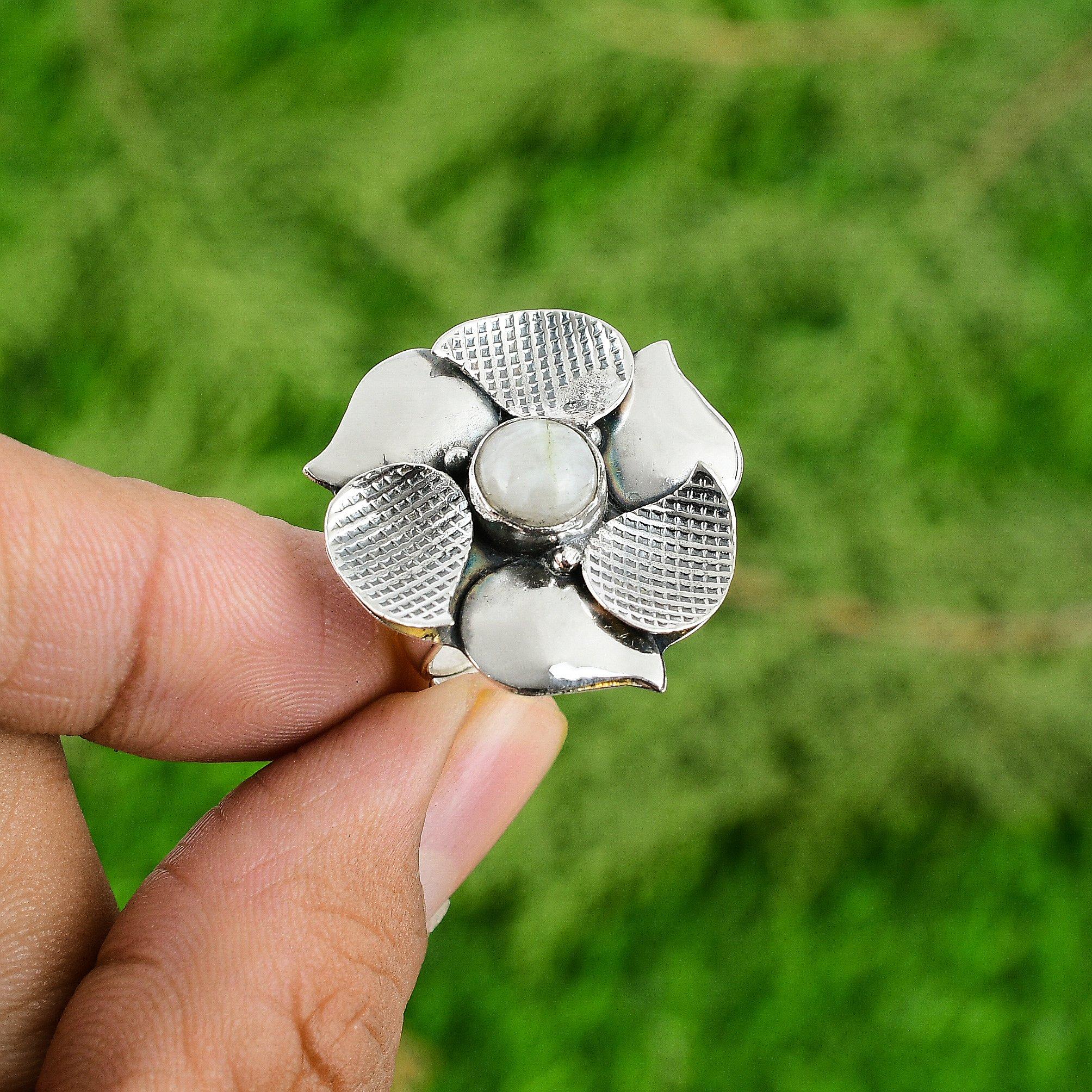 Round Natural Rainbow Moonstone Flower Promise Boho Ring Jewelry Sterling Silver