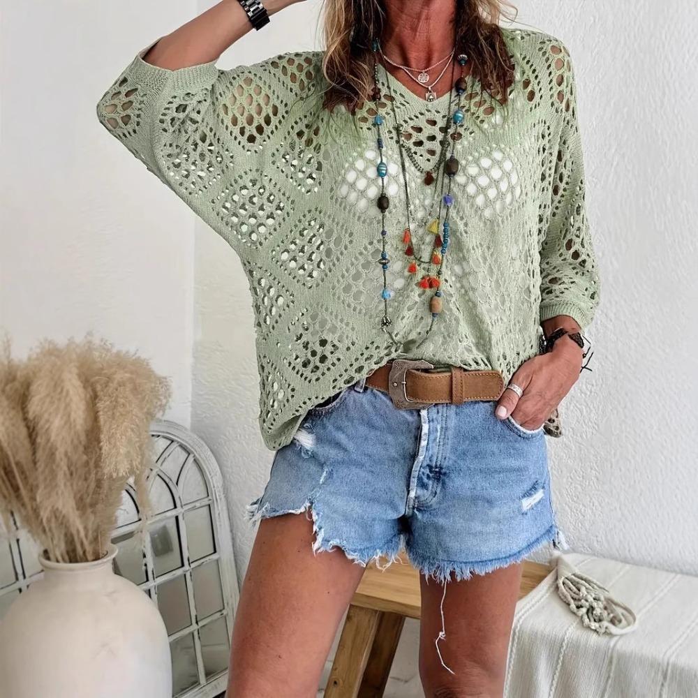 Women Spring Summer V-neck Diamond Hollow Out Batwing Sleeve Knit Sweater Loose Cover Up Blouse