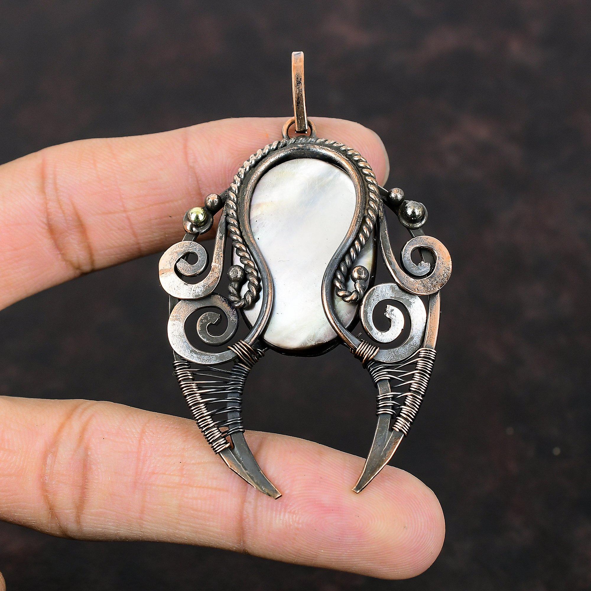Black Mother Of Pearl Pendant Copper Wire Wrapped Pendant Gemstone Pendant Copper Jewelry Handmade Pendant Wire Wrap Jewelry Gift For Mother