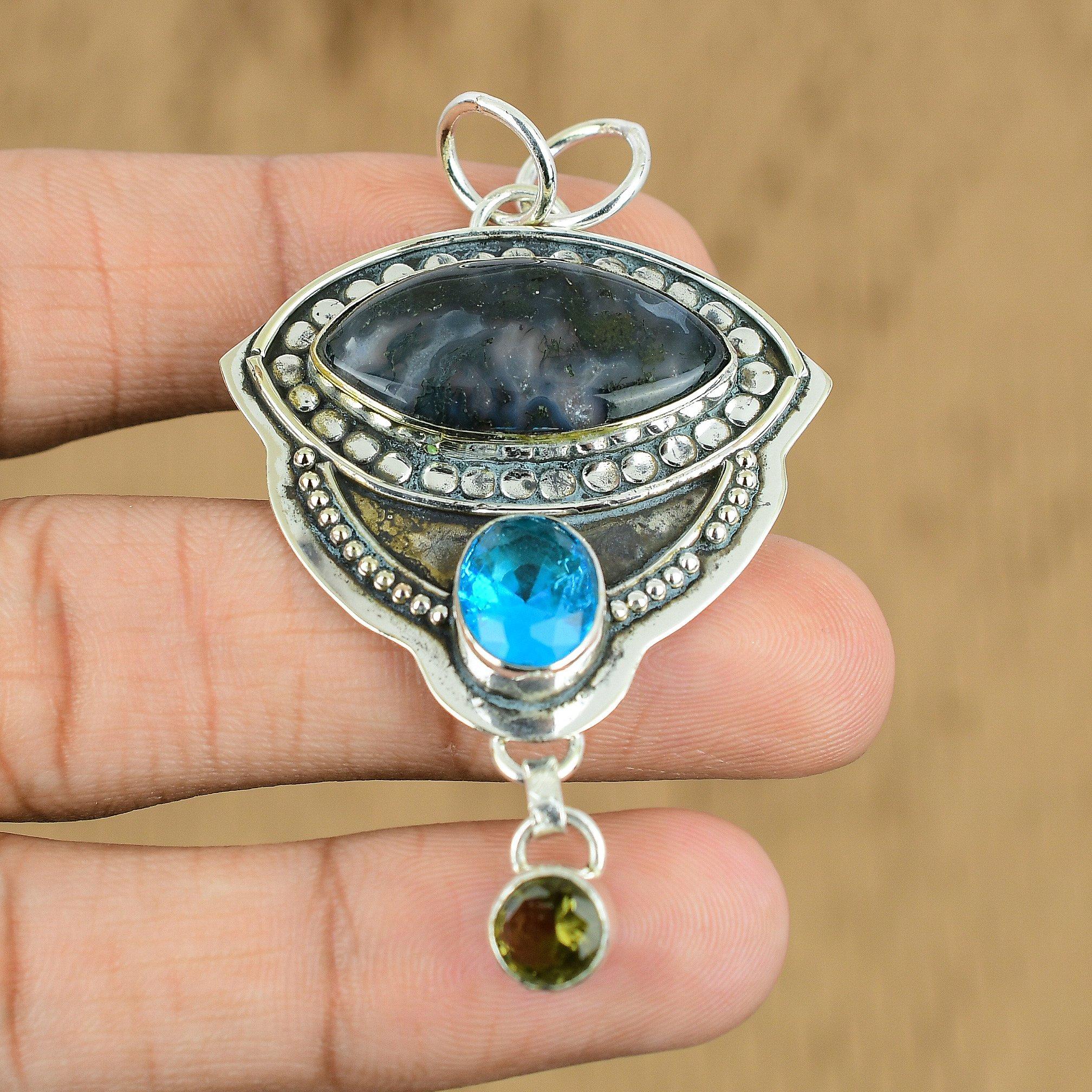 Gift For Women Pendant 925 Sterling Silver Natural Solar Moss Agate Gemstone