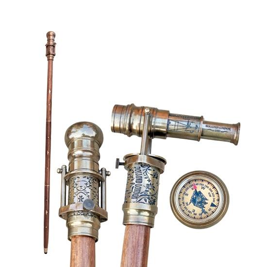 Engraved Brass Walking Cane with Telescope Compass Steampunk Dollond London 1920 Replica Victorian Handmade Cane, Perfect for Gift