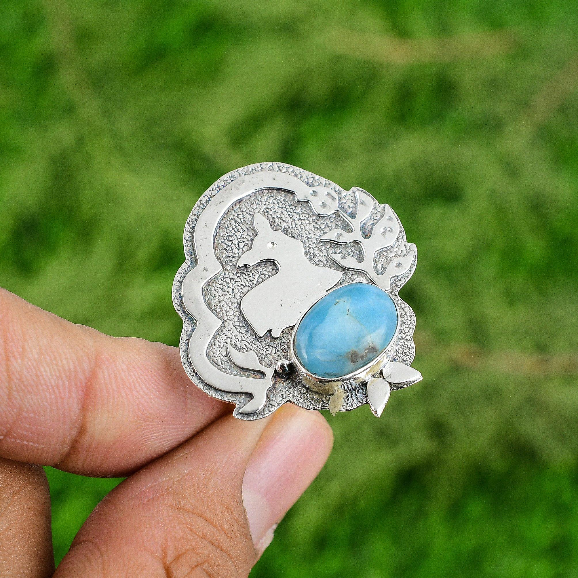 Natural Larimar Statement Anniversary Handmade Wedding Ring 925 Sterling Silver