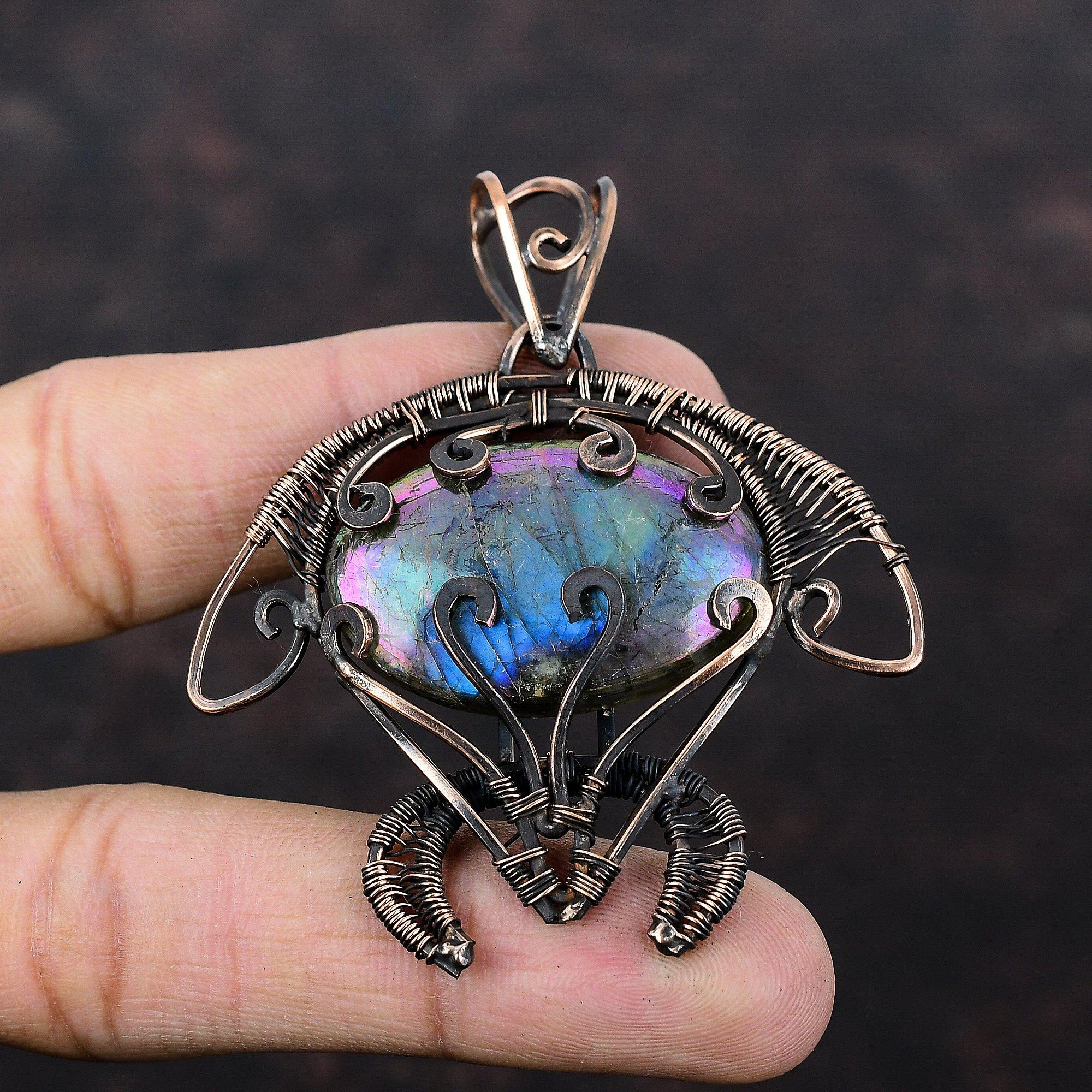 Mystic Fire Labradorite Gemstone Pendant Copper Wire Wrapped Pendant Handmade Copper Jewelry Tortoise Pendant Wire Wrap Jewelry Gift For Him
