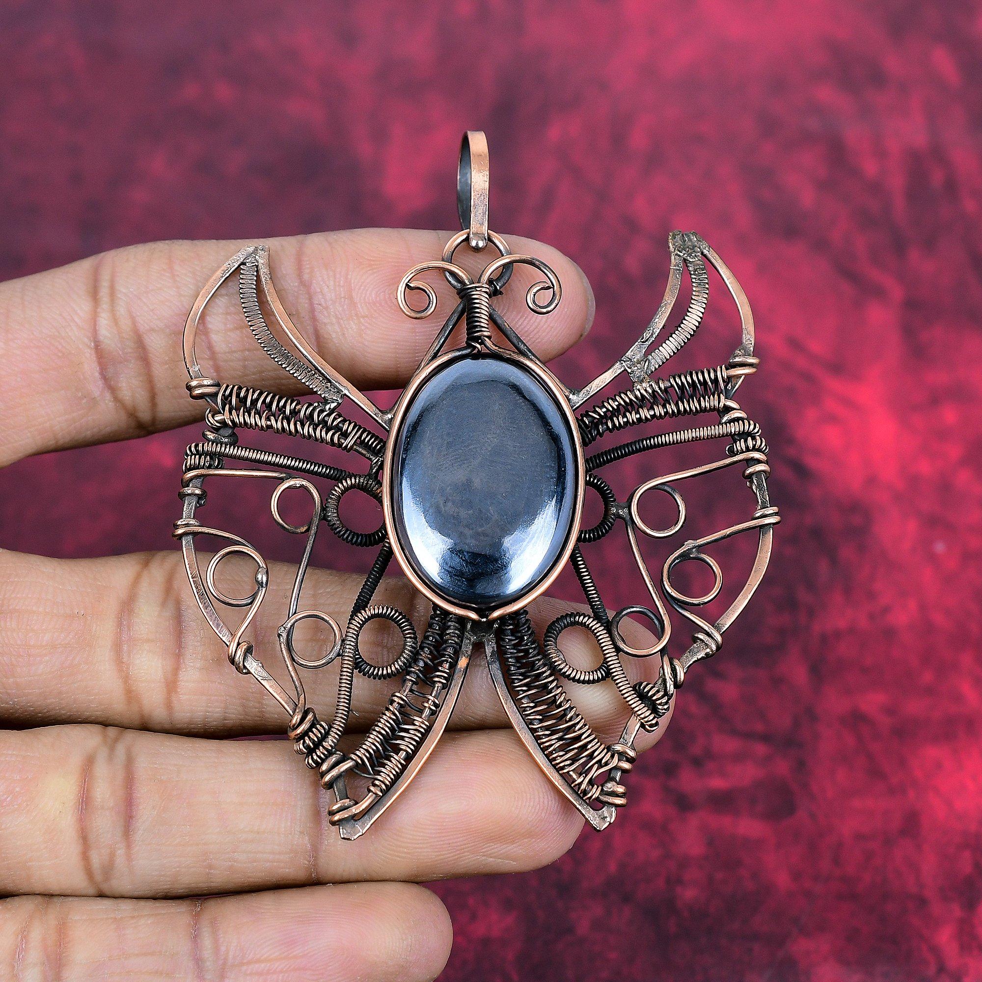 Shungite Pendant Copper Wire Wrapped Pendant Butterfly Jewelry Genuine Gemstone Pendant Dainty Copper Jewelry Wedding Gifts Handmade Pendant