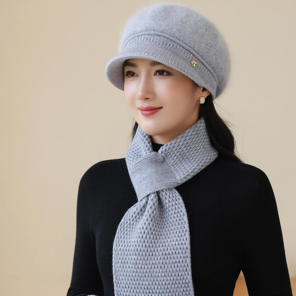 New Women Fashion Winter Warm Set K Letter Plush Fur Lined Warm Hats For Women Casual Rabbit Fur Blend Outdoor Dandy Knitted Cap