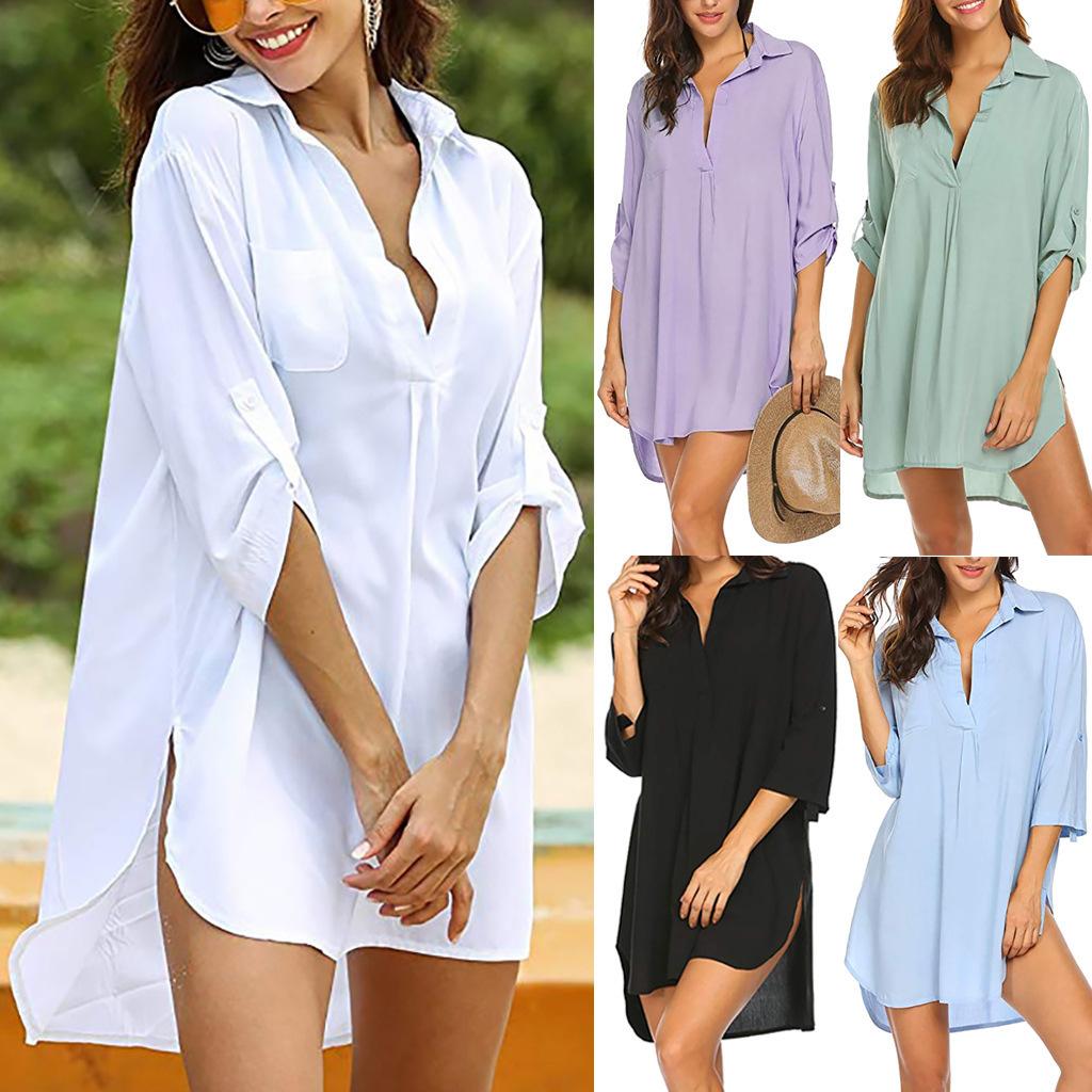 2026 SS Women's Deep V-Neck Beach Cover Up | Sun Protection Swim Shirt Dress - Summer Sheer Coverup Dress for Pool & Resort (Multi-Functional)