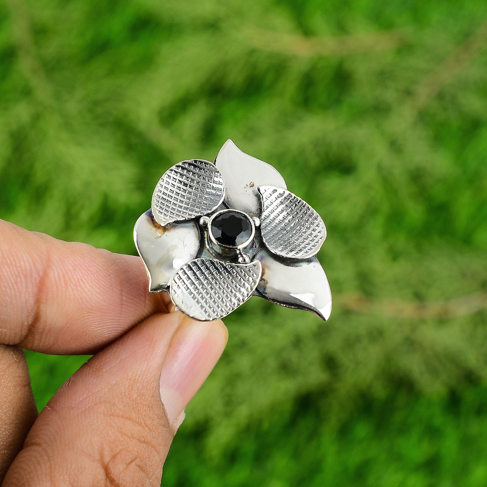 Sterling Silver Round Black Onyx Stone Promise Statement Flower Root Chakra Ring