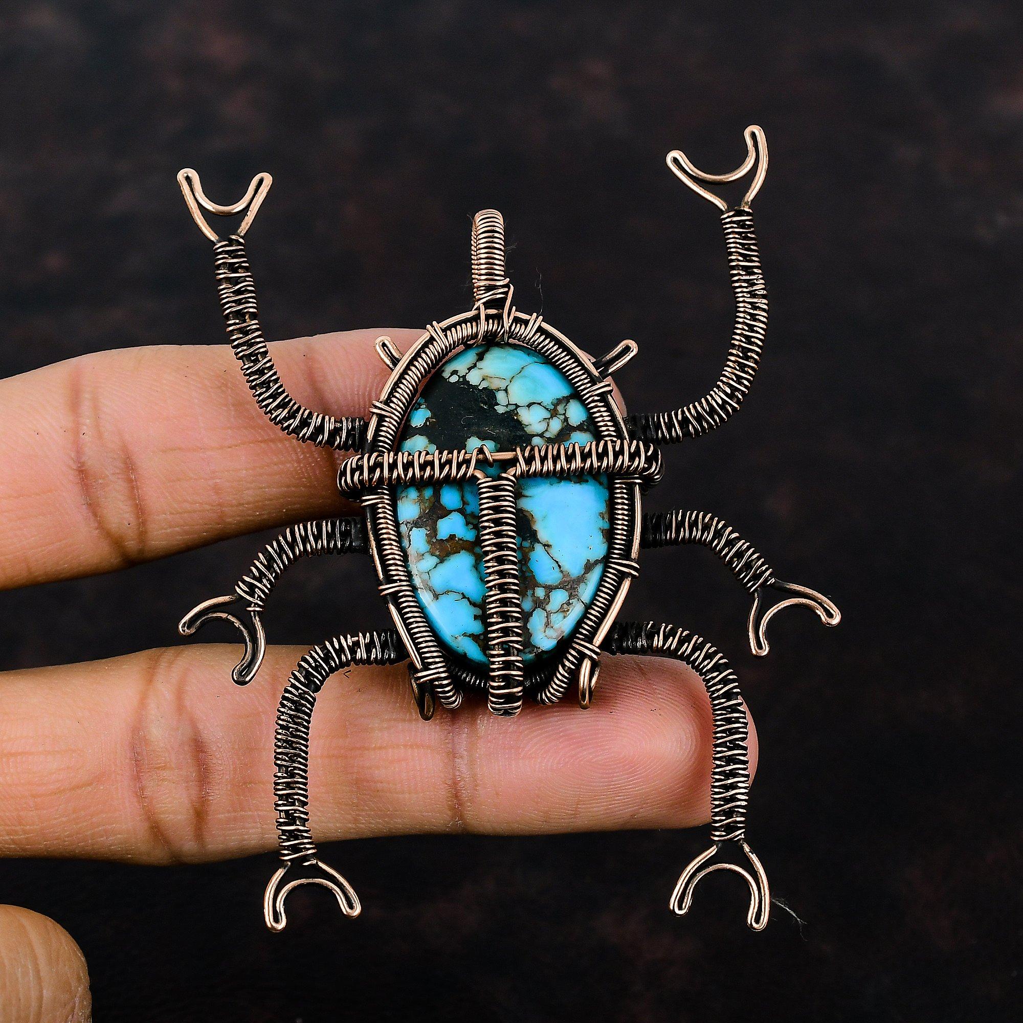 Tibetan Turquoise Pendant Copper Wire Wrapped Pendants Genuine Gemstone Pendant Copper Wire Jewelry Handmade Pendant Beetle Pendant For Gift