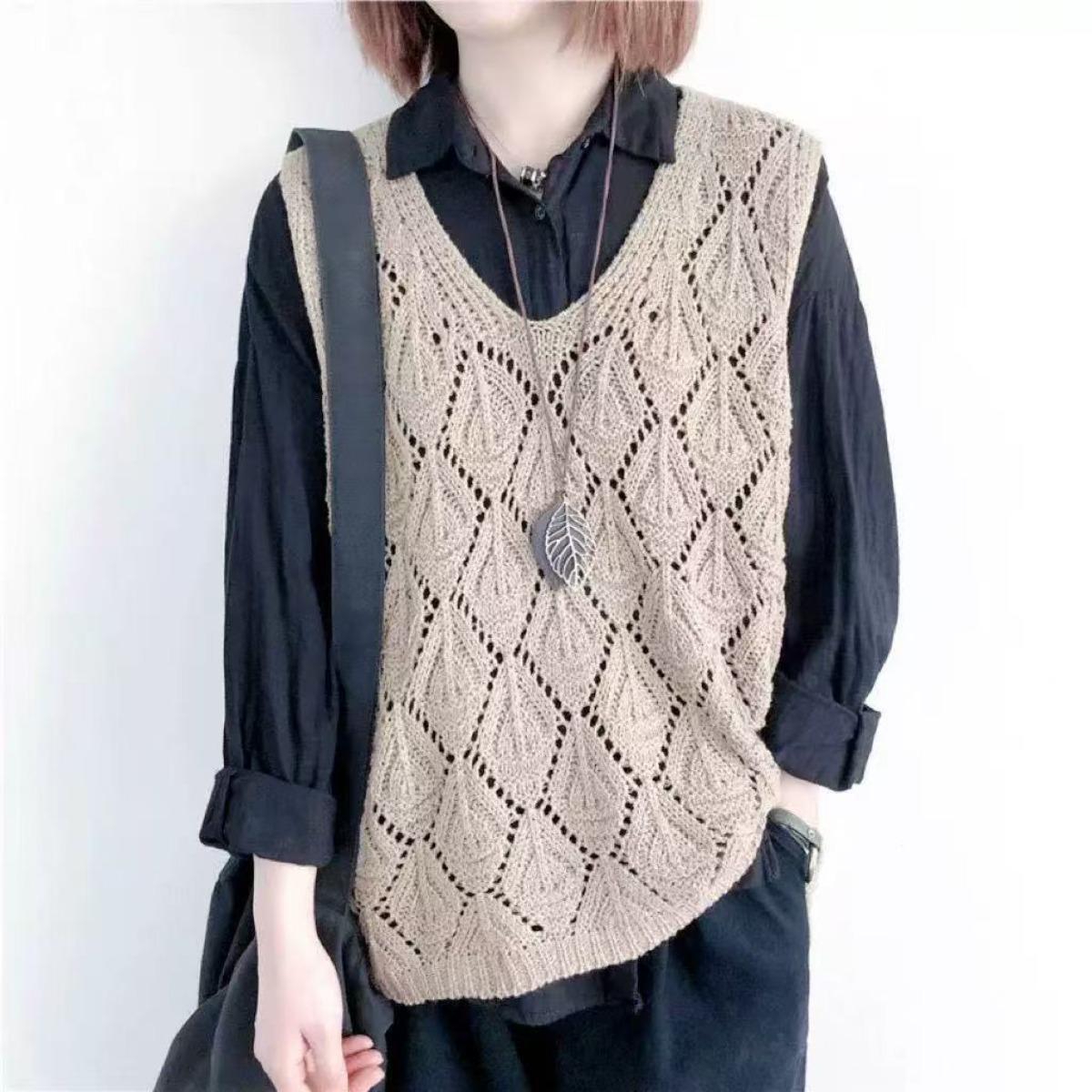 New, Retro, V-neck, Crochet, Knitted Sweater, Sleeveless Vest, Top, Loose, Hollowed Out, Pullover Vest