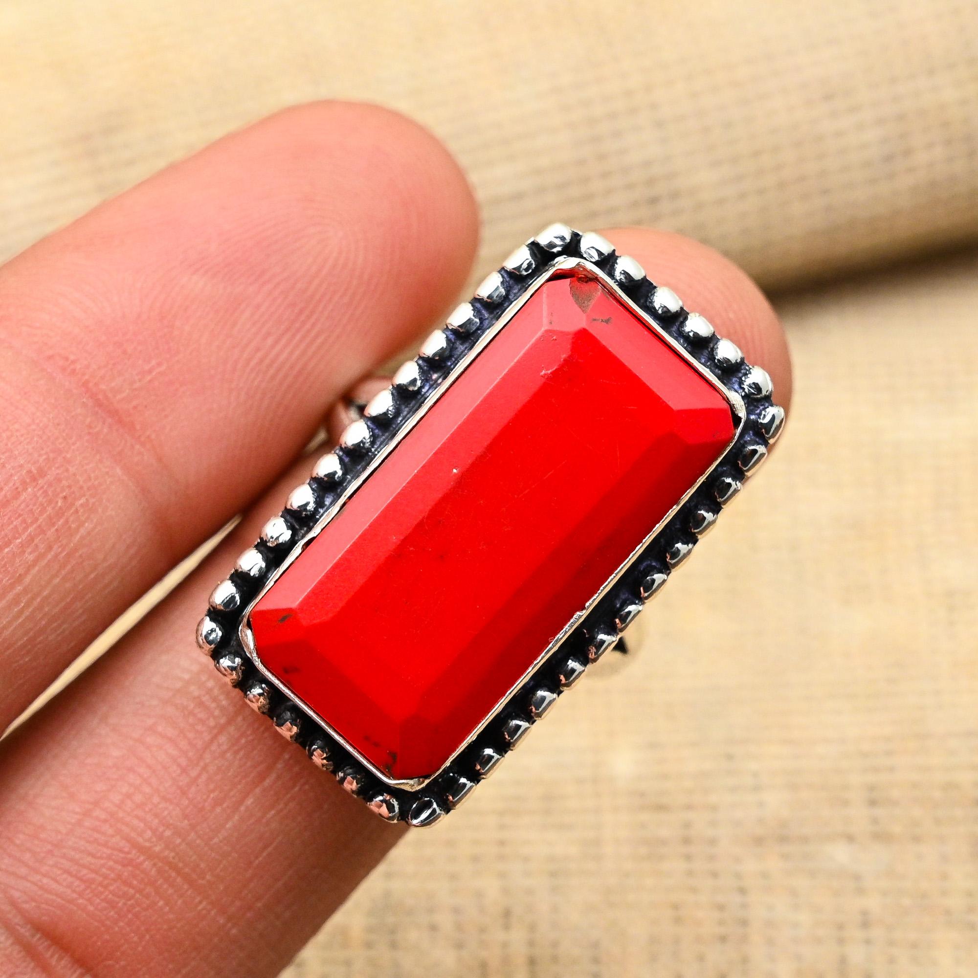 Attractive Red Coral Gemstone Handmade 925 Sterling Silver Jewelry Ring For Women