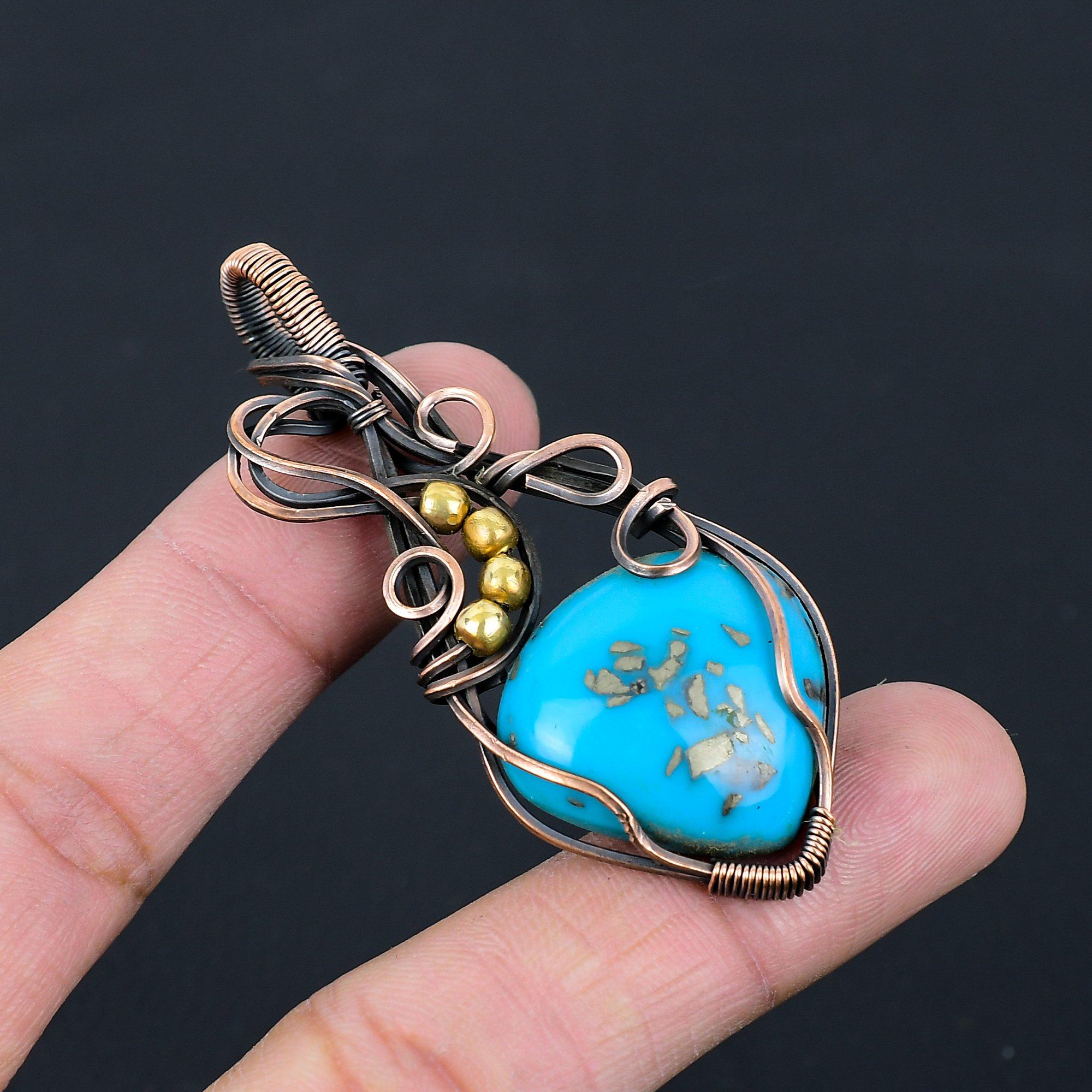 Irani Turquoise Gemstone Pure Copper Wire Wrapped Handmade Pendant Jewelry