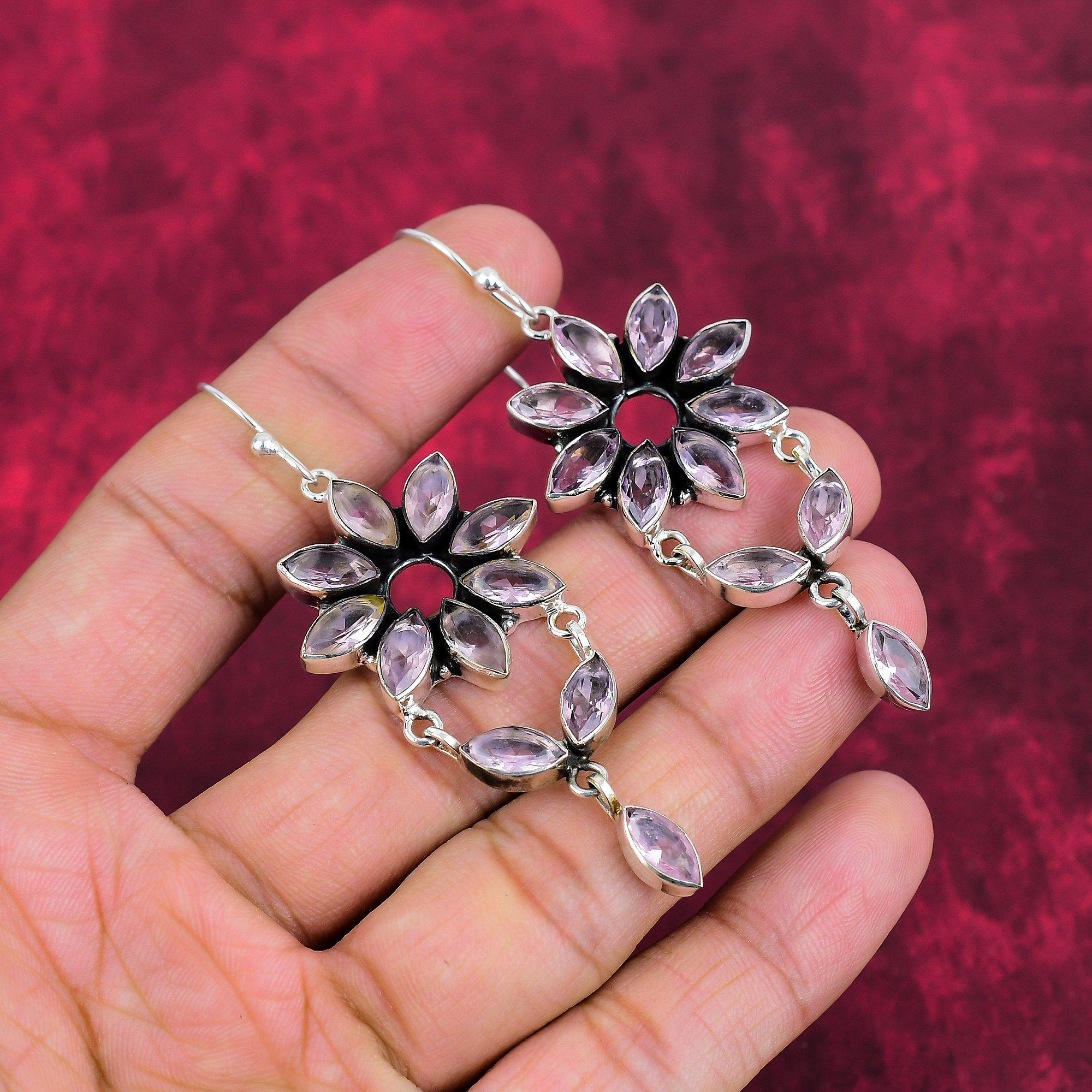 Boucles d'oreilles en kunzite rose, bijoux en pierres précieuses, boucles d'oreilles faites main en argent sterling 925 massif, bijoux design dernier cri