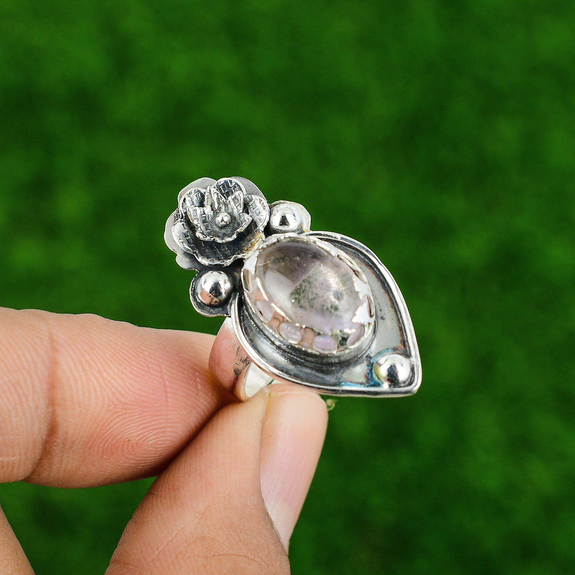 Natural African Amethyst 925 Silver Multi Stone Flower Adjustable Ring For Girls