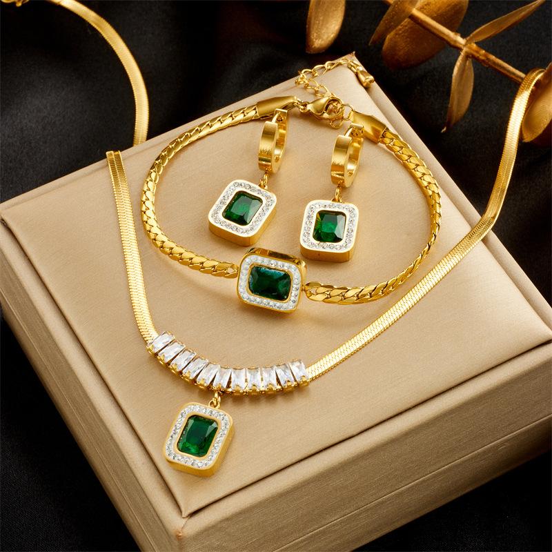 Stainless Steel Square Green Crystal Zircon Pendant Necklace Earrings Bracelet Jewelry Set for Women Gifts